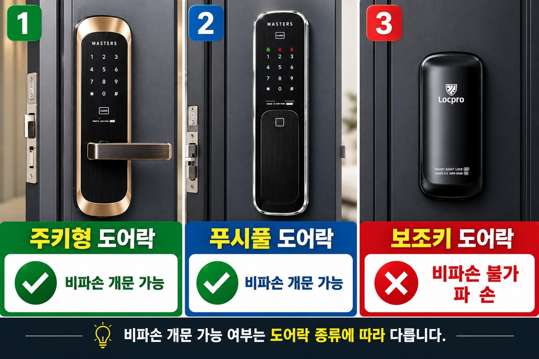 주키형·푸시풀·보조키 도어락의 비파손 개문 가능 여부 비교